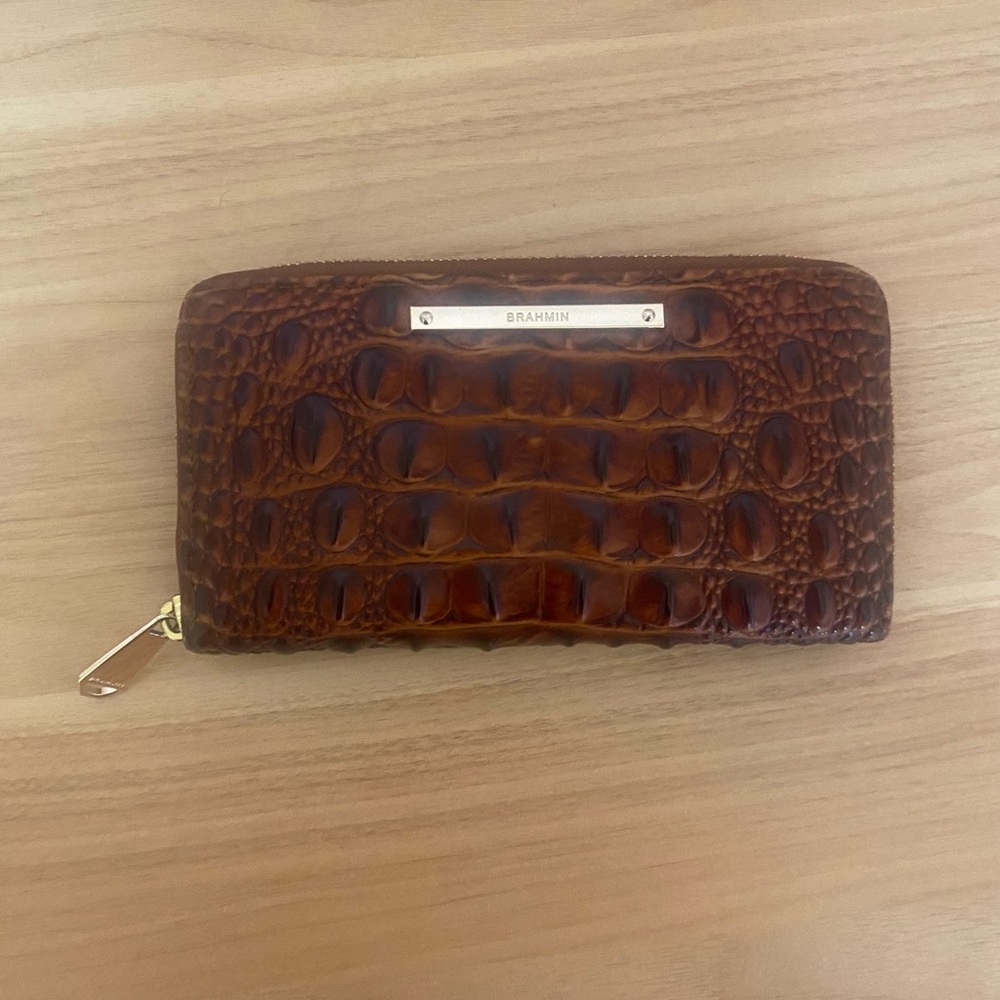 Brahmin Amber Brown Croc-Embossed Zip Wallet